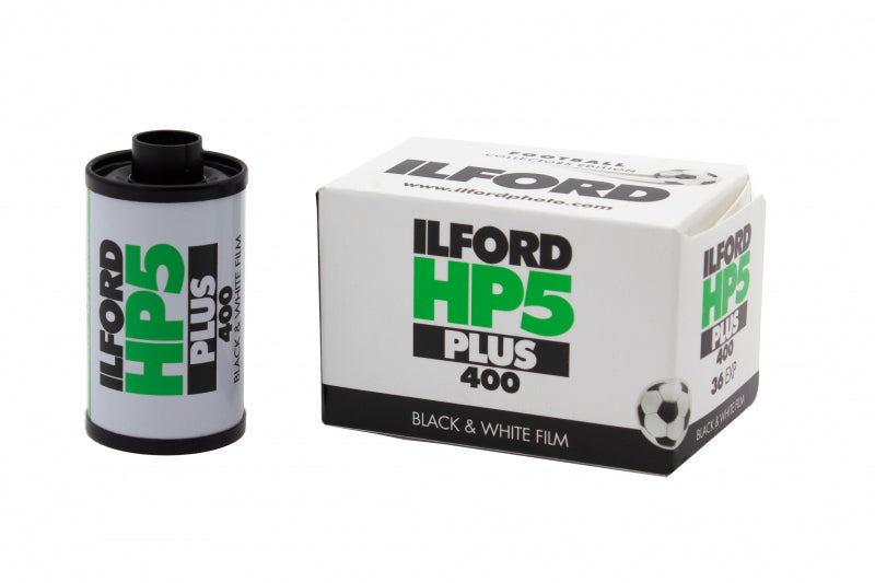 Ilford HP5 Plus 400 Football Collectors Edition 35mm film cassette beside its white collectors box