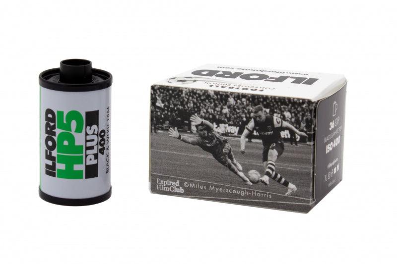 Ilford HP5 Plus 400 Football Collectors Edition 35mm film cassette with Miles Myerscough-Harris box artwork